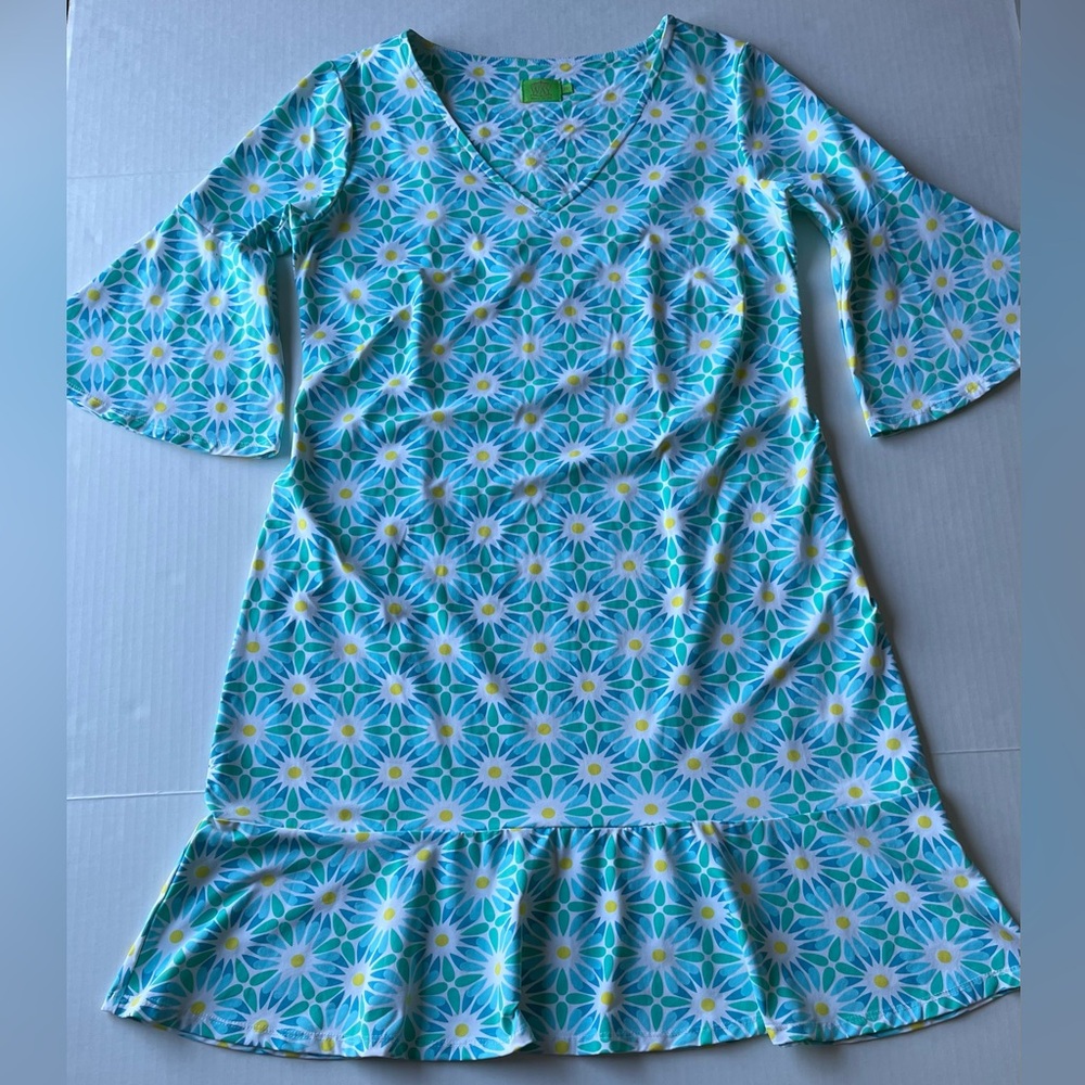 Katherine Way Women’s Green Blue Floral Daisy Print Bell Sleeve Midi Dress M